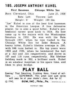 1986 1940 Play Ball (Reprint) #185 Joe Kuhel Back