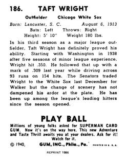 1986 1940 Play Ball (Reprint) #186 Taft Wright Back