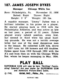 1986 1940 Play Ball (Reprint) #187 Jimmie Dykes Back