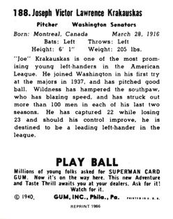 1986 1940 Play Ball (Reprint) #188 Joe Krakauskas Back