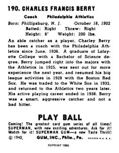 1986 1940 Play Ball (Reprint) #190 Charlie Berry Back