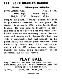 1986 1940 Play Ball (Reprint) #191 Johnny Babich Back