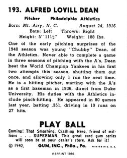 1986 1940 Play Ball (Reprint) #193 Chubby Dean Back