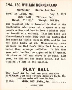 1986 1940 Play Ball (Reprint) #196 Nonny Nonnenkamp Back