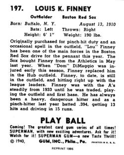 1986 1940 Play Ball (Reprint) #197 Lou Finney Back