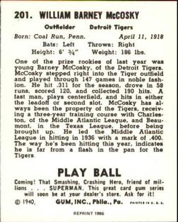 1986 1940 Play Ball (Reprint) #201 Barney McCosky Back