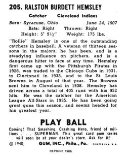 1986 1940 Play Ball (Reprint) #205 Rollie Hemsley Back