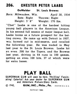1986 1940 Play Ball (Reprint) #206 Chet Laabs Back