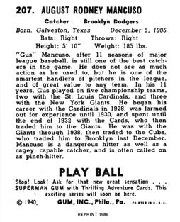 1986 1940 Play Ball (Reprint) #207 Gus Mancuso Back