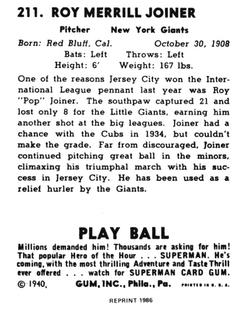 1986 1940 Play Ball (Reprint) #211 Pop Joiner Back
