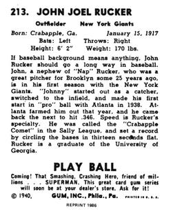 1986 1940 Play Ball (Reprint) #213 John Rucker Back