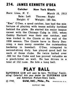 1986 1940 Play Ball (Reprint) #214 Ken O'Dea Back
