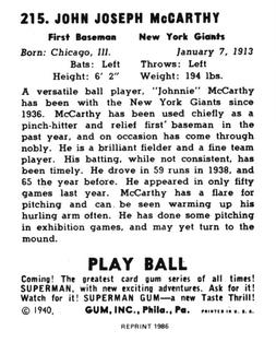 1986 1940 Play Ball (Reprint) #215 Johnny McCarthy Back