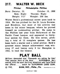 1986 1940 Play Ball (Reprint) #217 Walter Beck Back