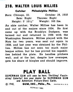 1986 1940 Play Ball (Reprint) #218 Wally Millies Back