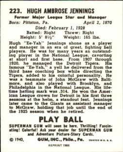 1986 1940 Play Ball (Reprint) #223 Hughie Jennings Back