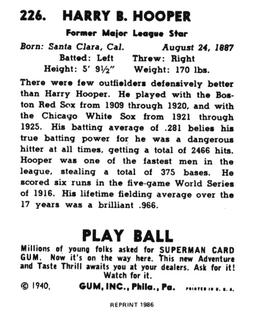 1986 1940 Play Ball (Reprint) #226 Harry Hooper Back