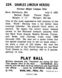 1986 1940 Play Ball (Reprint) #229 Buck Herzog Back