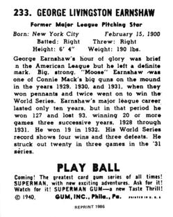 1986 1940 Play Ball (Reprint) #233 George Earnshaw Back