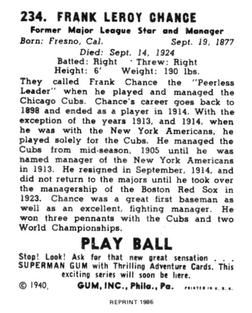 1986 1940 Play Ball (Reprint) #234 Frank Chance Back