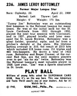 1986 1940 Play Ball (Reprint) #236 Jim Bottomley Back