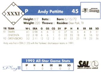 1993 Play II South Atlantic League All-Stars #XXXI Andy Pettitte Back