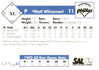 1993 Play II South Atlantic League All-Stars #XL Matt Whisenant Back