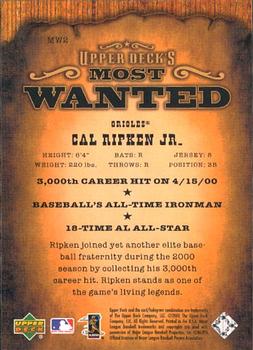 2001 Upper Deck - Upper Deck's Most Wanted #MW2 Cal Ripken Jr. Back