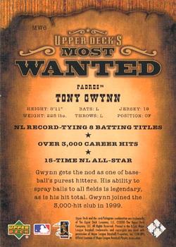 2001 Upper Deck - Upper Deck's Most Wanted #MW6 Tony Gwynn Back