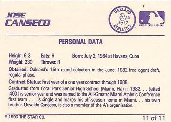 1990 Star Jose Canseco (Purple) #11 Jose Canseco Back