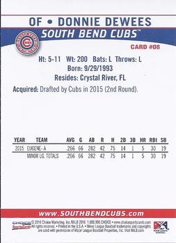 2016 Choice South Bend Cubs #08 Donnie Dewees Back