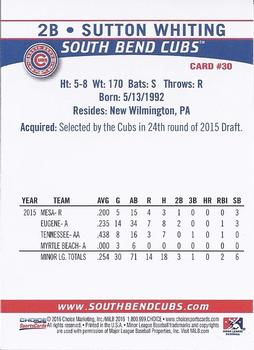 2016 Choice South Bend Cubs #30 Sutton Whiting Back