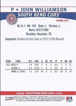 2016 Choice South Bend Cubs #31 John Williamson Back