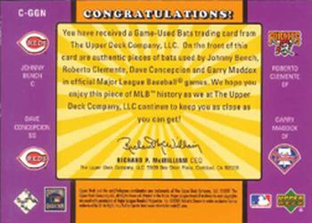 2001 Upper Deck Decade 1970's - Game-Used Bat Combos #C-GGN Johnny Bench / Roberto Clemente / Dave Concepcion / Garry Maddox Back
