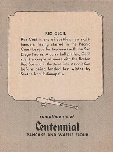 1947 Centennial Flour Seattle Rainiers #NNO Rex Cecil Back