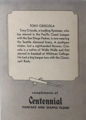 1947 Centennial Flour Seattle Rainiers #NNO Tony Criscola Back