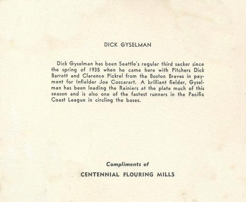 1943 Centennial Flour Seattle Rainiers #NNO Dick Gyselman Back