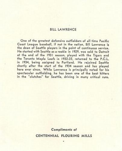 1943 Centennial Flour Seattle Rainiers #NNO Bill Lawrence Back