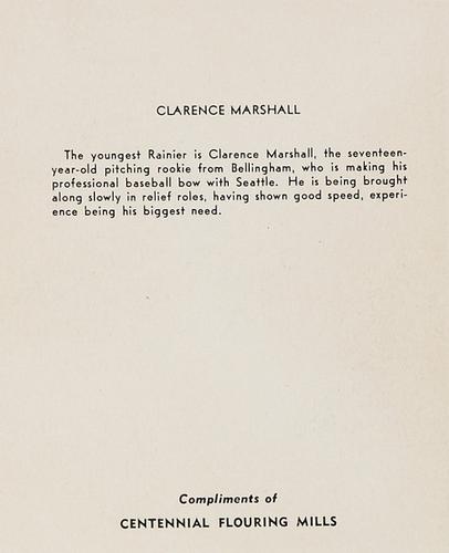 1943 Centennial Flour Seattle Rainiers #NNO Clarence Marshall Back
