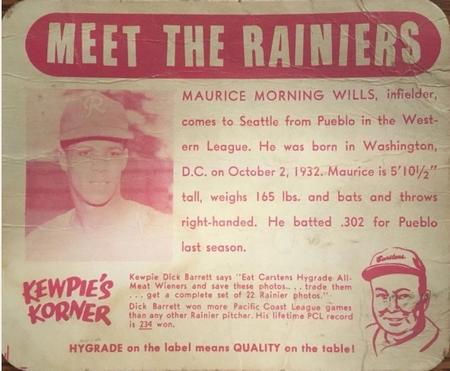 1957 Hygrade Meats Seattle Rainiers #NNO Maury Wills Front