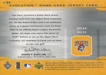 2001 Upper Deck Evolution - Game-Used Jersey #J-BG Brian Giles  Back