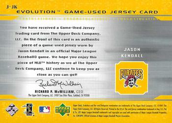 2001 Upper Deck Evolution - Game-Used Jersey #J-JK Jason Kendall  Back