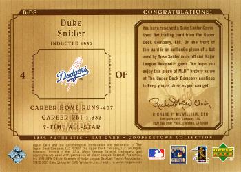 2001 Upper Deck Hall of Famers - Game-Used Bats #B-DS Duke Snider  Back