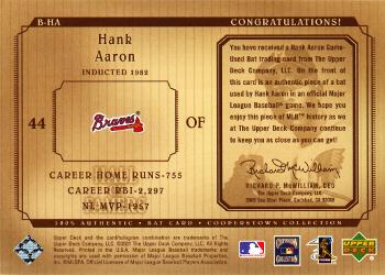 2001 Upper Deck Hall of Famers - Game-Used Bats #B-HA Hank Aaron Back