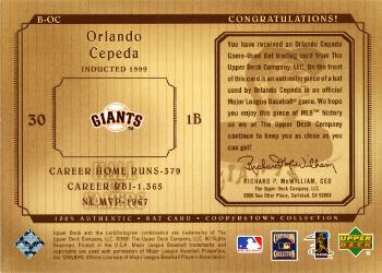 2001 Upper Deck Hall of Famers - Game-Used Bats #B-OC Orlando Cepeda  Back