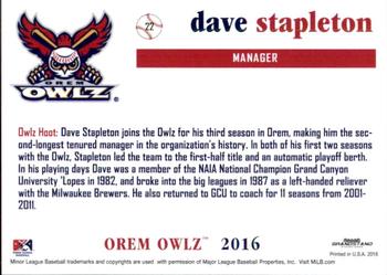 2016 Grandstand Orem Owlz #NNO Dave Stapleton Back