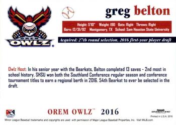 2016 Grandstand Orem Owlz #NNO Greg Belton Back
