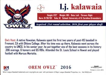 2016 Grandstand Orem Owlz #NNO L.J. Kalawaia Back