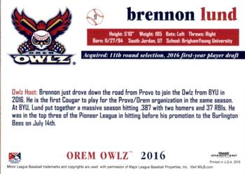 2016 Grandstand Orem Owlz #NNO Brennon Lund Back