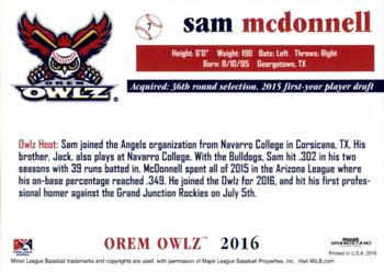 2016 Grandstand Orem Owlz #NNO Sam McDonnell Back